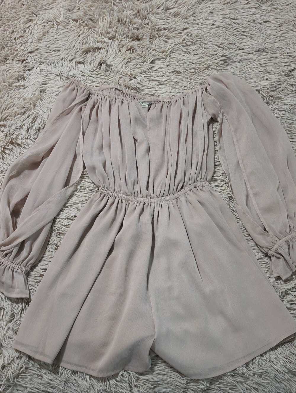 ASOS Design Blouson Off-Shoulder Romper in Light Blush